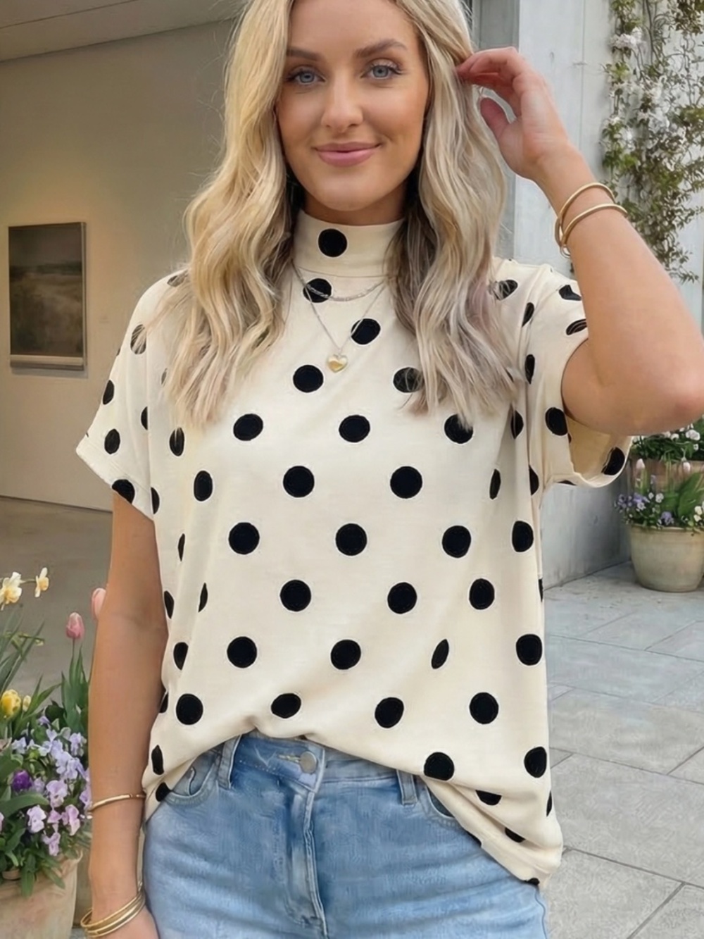 Polka Dot Print High/Mock Neck Dolman Top